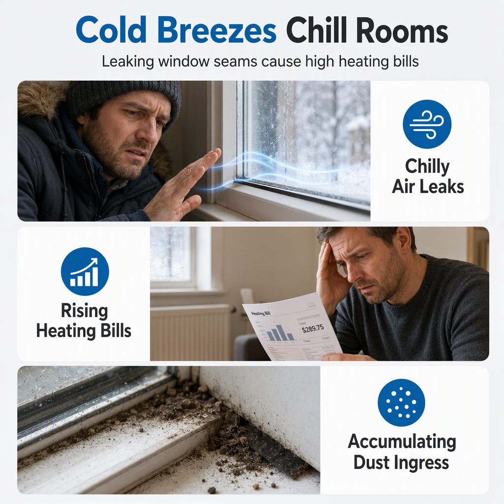 Illustration of cold air entering through a window seam and the discomfort of a drafty room