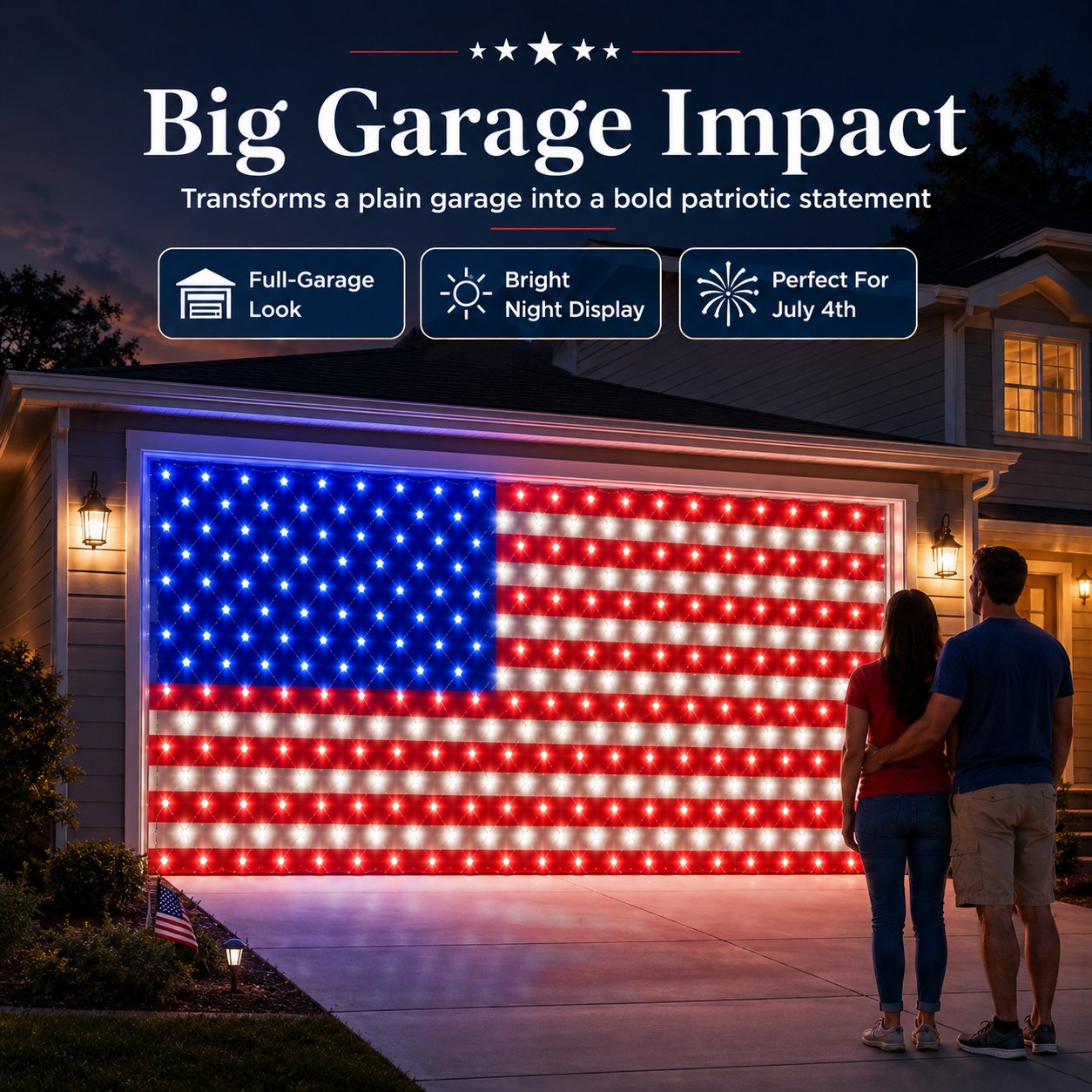 🇺🇸 4th Of July Garage Flag Net Lights📏16.1 ft × 6.9 ft