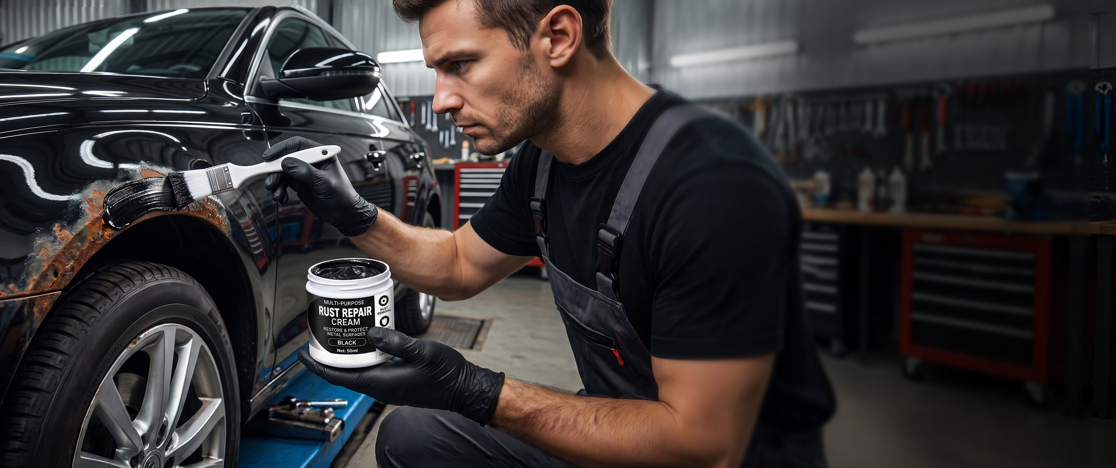 Rust repair cream being applied to a rusted car panel