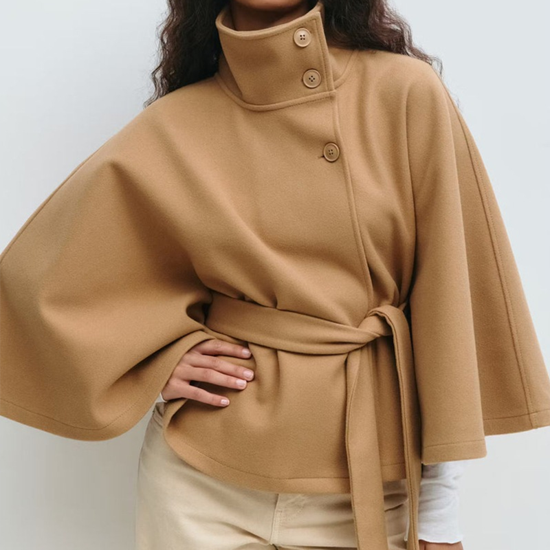 Women's Wool Blend Poncho Coat Oversized Belted Stand Collar Cropped