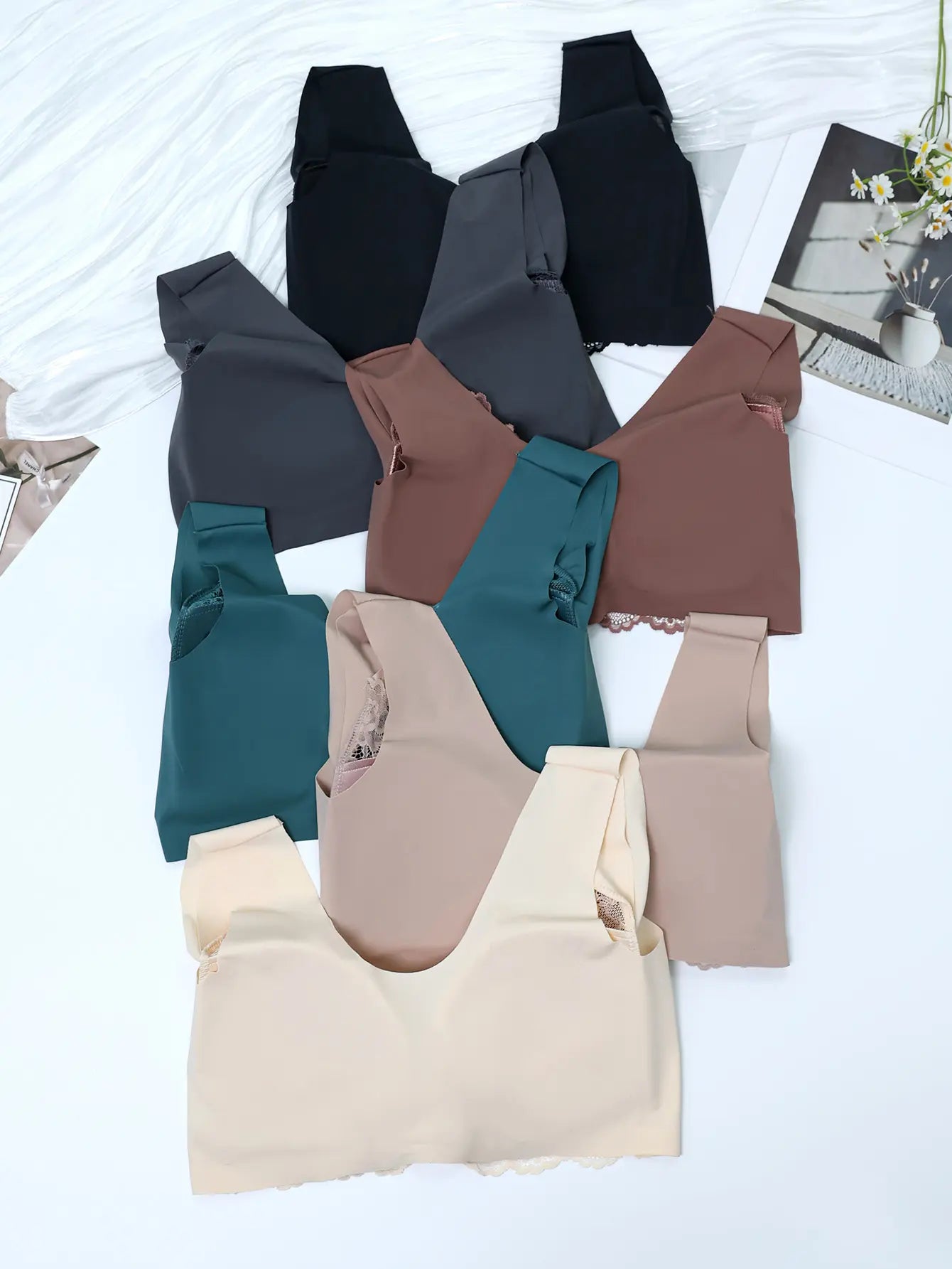 6 Pcs Women's Contrast Lace Front Hook Push-Up Bralettes - Wireless, Soft Breathable Fabric, V-Neck, Feminine Simple Basic Overall Comfort Undergarment for Everyday Wear