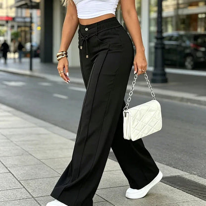 New Summer Drawstring High Waist Wide Leg Pants