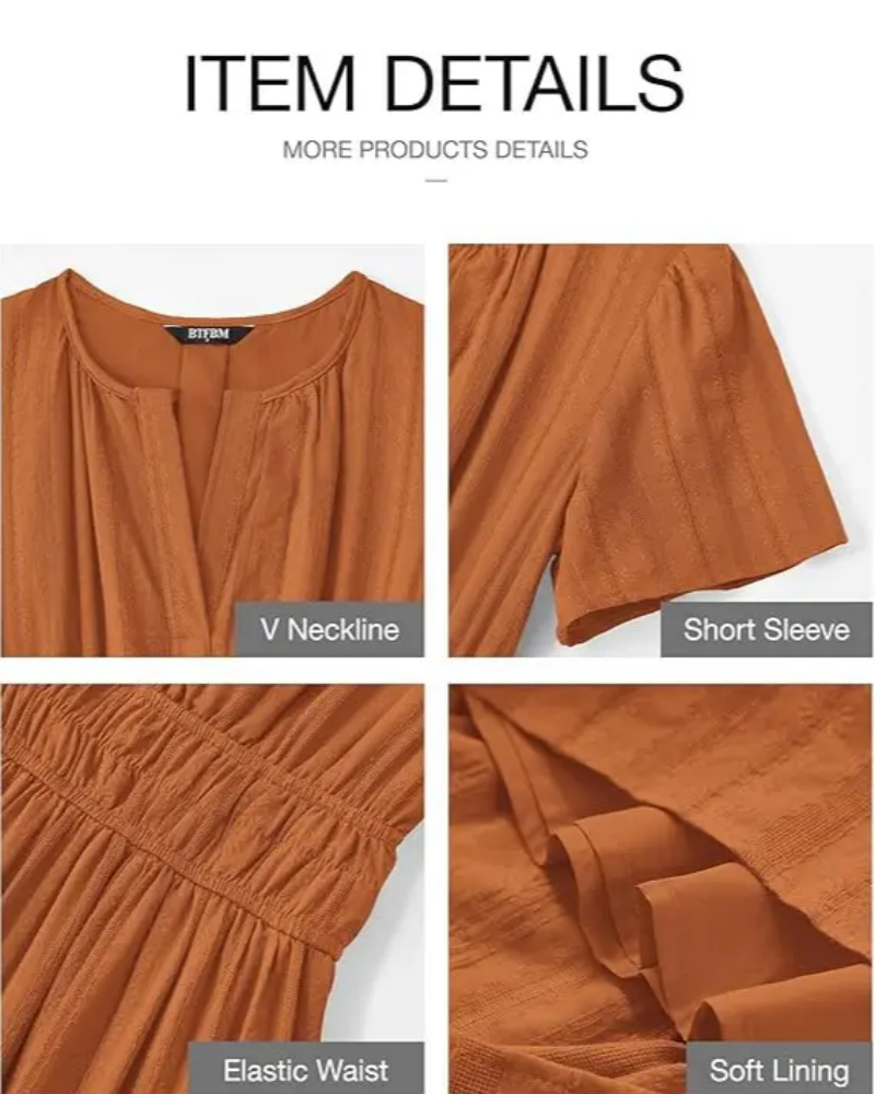 Womens Summer Lightweight Short Sleeve V Casual Midi Maxi Dresses