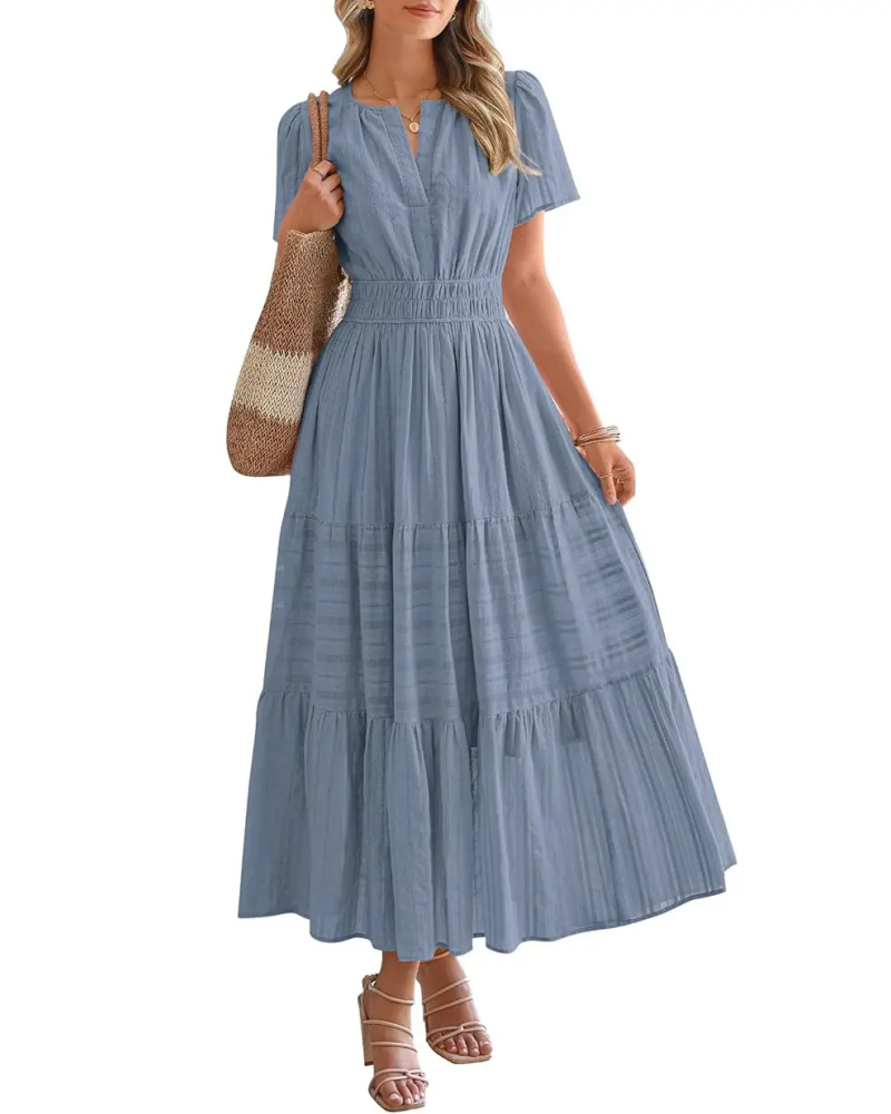 Womens Summer Lightweight Short Sleeve V Casual Midi Maxi Dresses