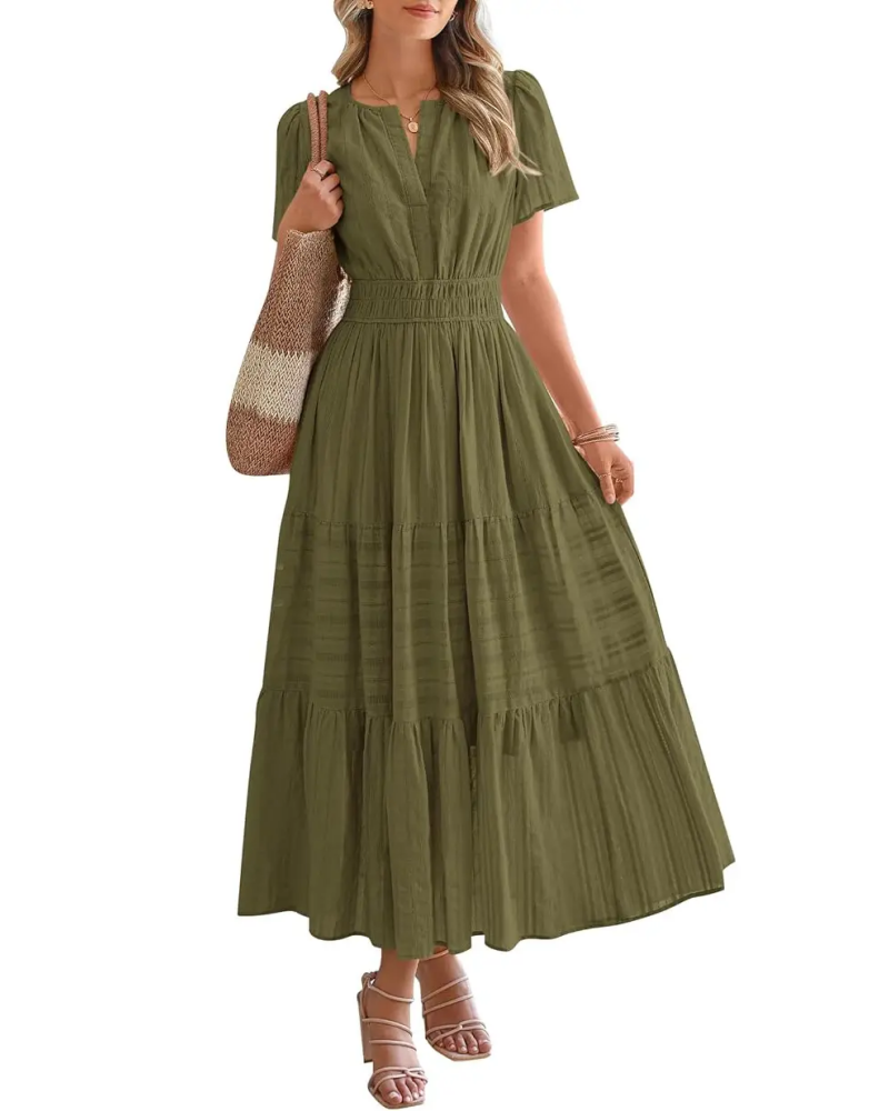 Womens Summer Lightweight Short Sleeve V Casual Midi Maxi Dresses