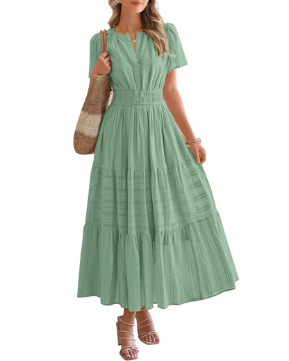 Womens Summer Lightweight Short Sleeve V Casual Midi Maxi Dresses