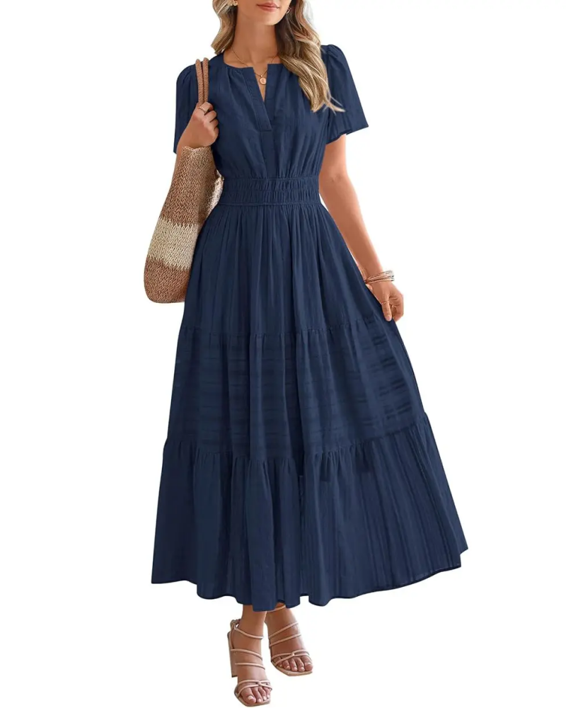 Womens Summer Lightweight Short Sleeve V Casual Midi Maxi Dresses