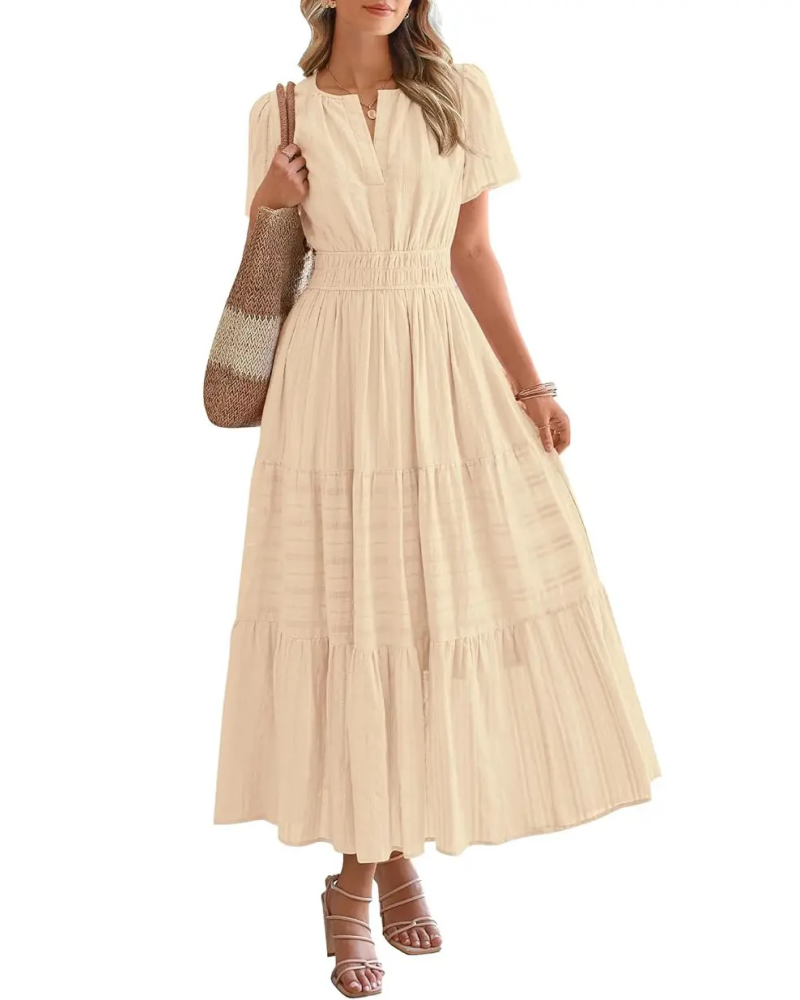 Womens Summer Lightweight Short Sleeve V Casual Midi Maxi Dresses