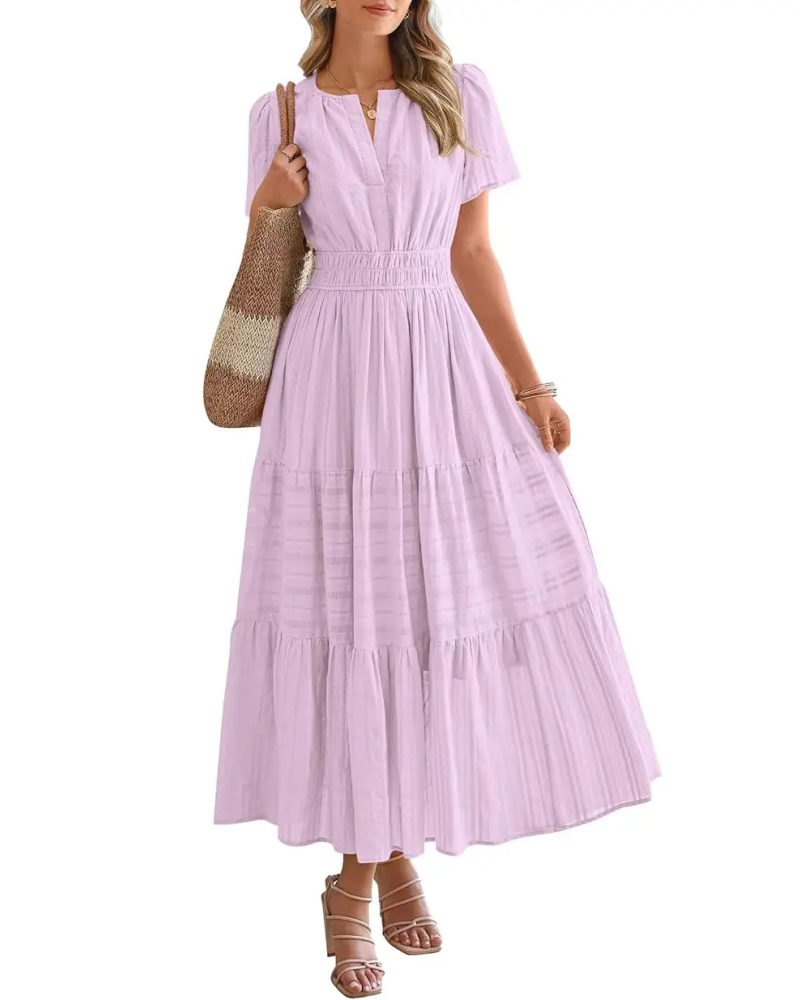 Womens Summer Lightweight Short Sleeve V Casual Midi Maxi Dresses