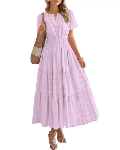 Womens Summer Lightweight Short Sleeve V Casual Midi Maxi Dresses