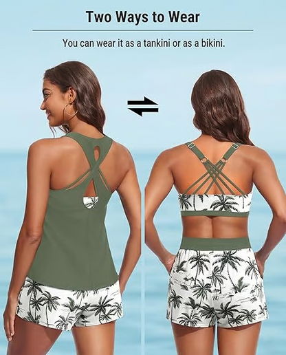 Women's Sporty Tankini Set with Shorts Pockets Athletic Bathing Suit 2026 Modest