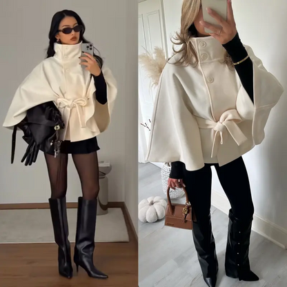 Women's Wool Blend Poncho Coat Oversized Belted Stand Collar Cropped