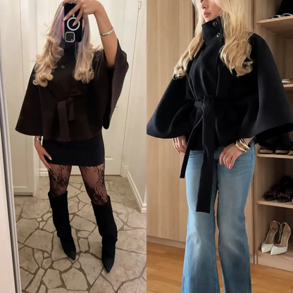 Women's Wool Blend Poncho Coat Oversized Belted Stand Collar Cropped