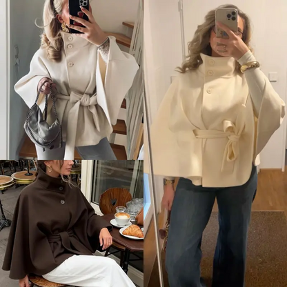 Women's Wool Blend Poncho Coat Oversized Belted Stand Collar Cropped