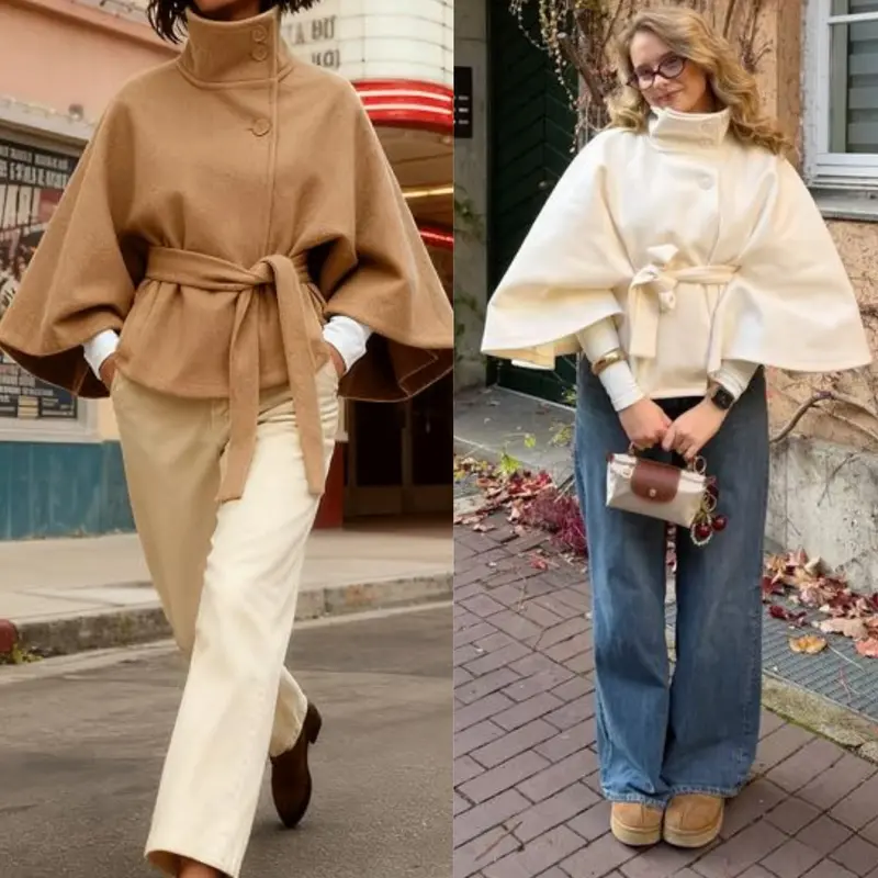 Women's Wool Blend Poncho Coat Oversized Belted Stand Collar Cropped