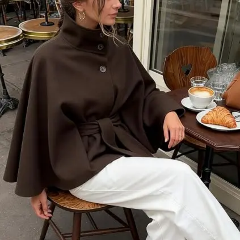Women's Wool Blend Poncho Coat Oversized Belted Stand Collar Cropped