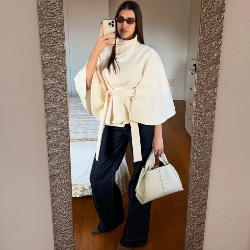 Women's Wool Blend Poncho Coat Oversized Belted Stand Collar Cropped