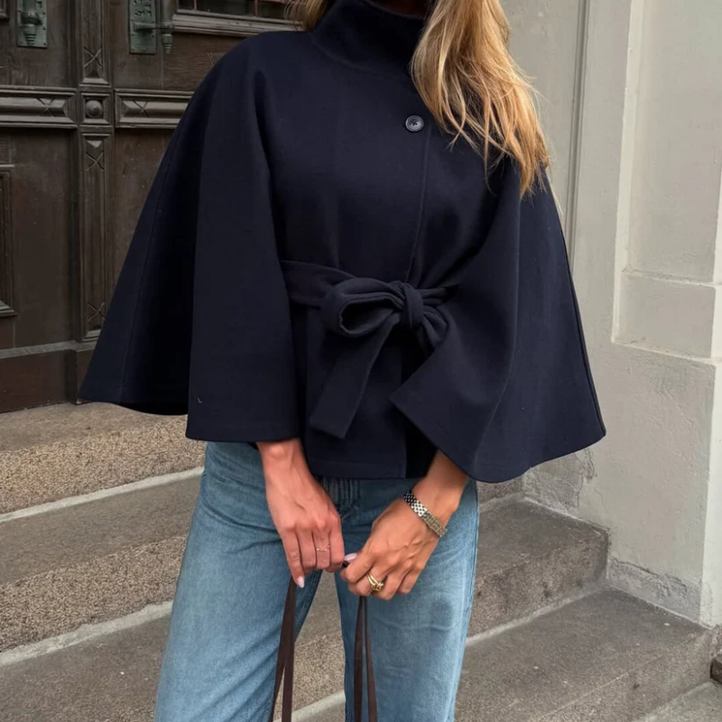 Women's Wool Blend Poncho Coat Oversized Belted Stand Collar Cropped