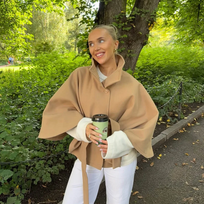 Women's Wool Blend Poncho Coat Oversized Belted Stand Collar Cropped