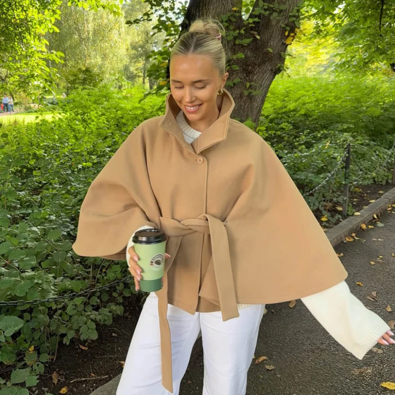 Women's Wool Blend Poncho Coat Oversized Belted Stand Collar Cropped
