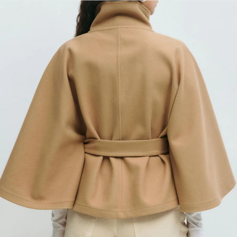 Women's Wool Blend Poncho Coat Oversized Belted Stand Collar Cropped