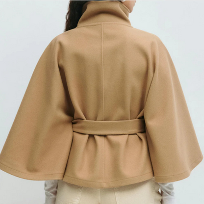 Women's Wool Blend Poncho Coat Oversized Belted Stand Collar Cropped