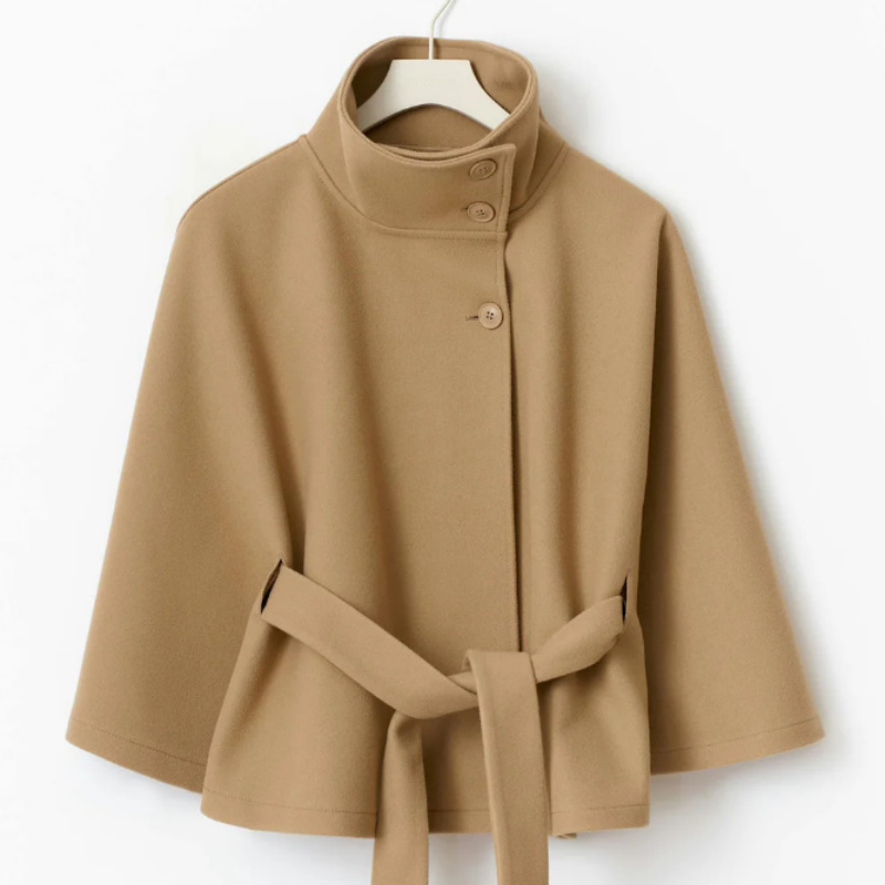 Women's Wool Blend Poncho Coat Oversized Belted Stand Collar Cropped