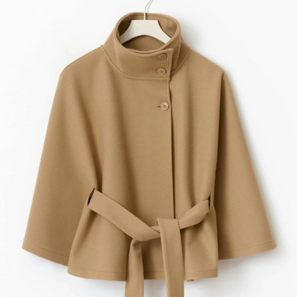 Women's Wool Blend Poncho Coat Oversized Belted Stand Collar Cropped