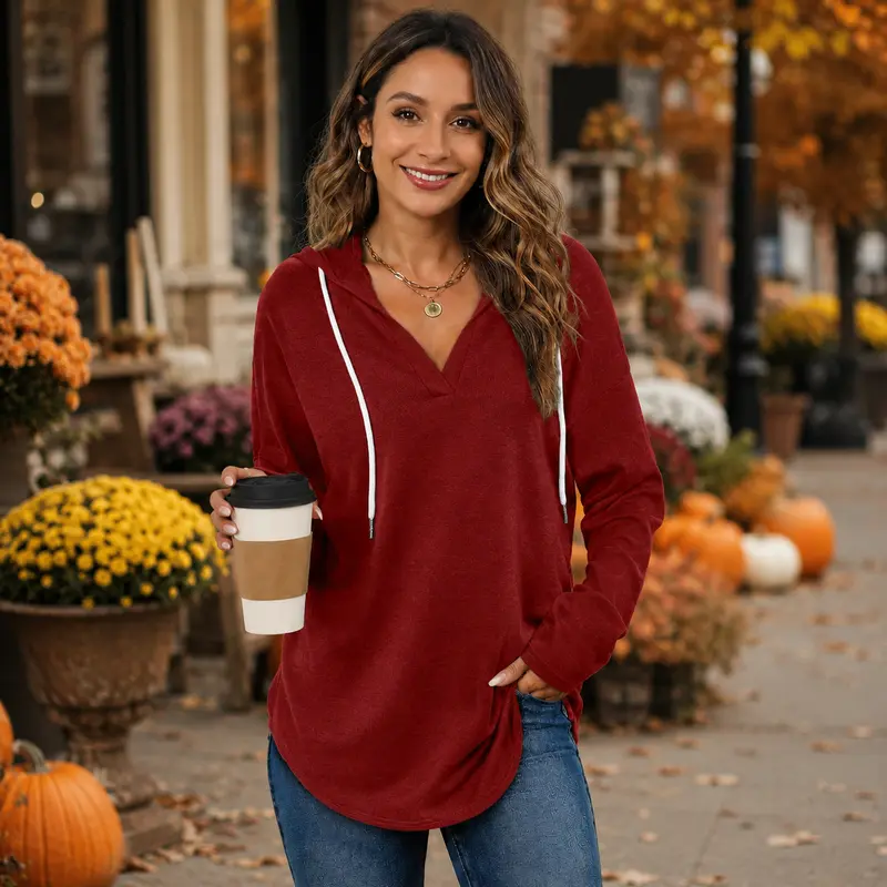 Relaxed V-Neck High-Low Tunic Hoodie