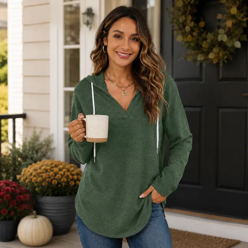 Relaxed V-Neck High-Low Tunic Hoodie
