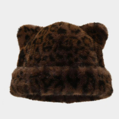 Leopard Print Plush Cat Ear Hat