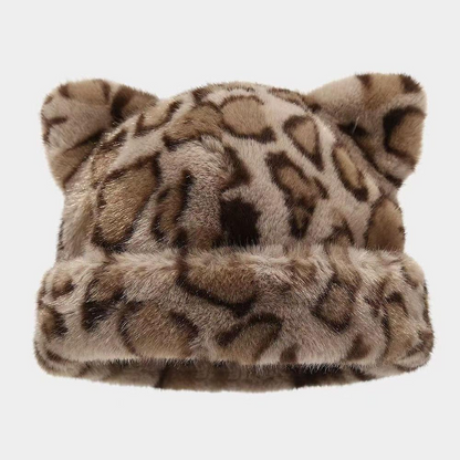 Leopard Print Plush Cat Ear Hat
