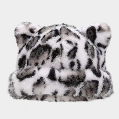 Leopard Print Plush Cat Ear Hat