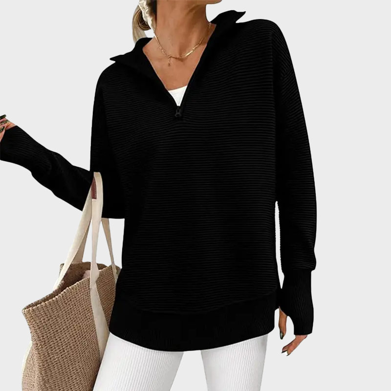 Ribbed Quarter-Zip Thumbhole Knit Pullover