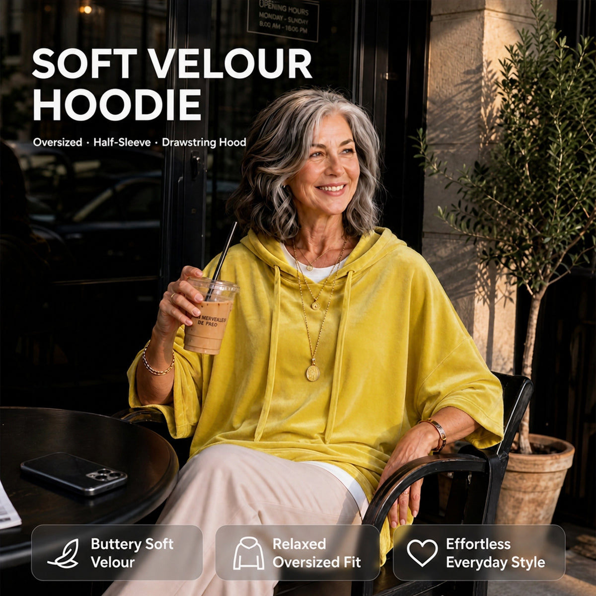 Women's Velour Oversized Hoodie 3/4 Sleeve