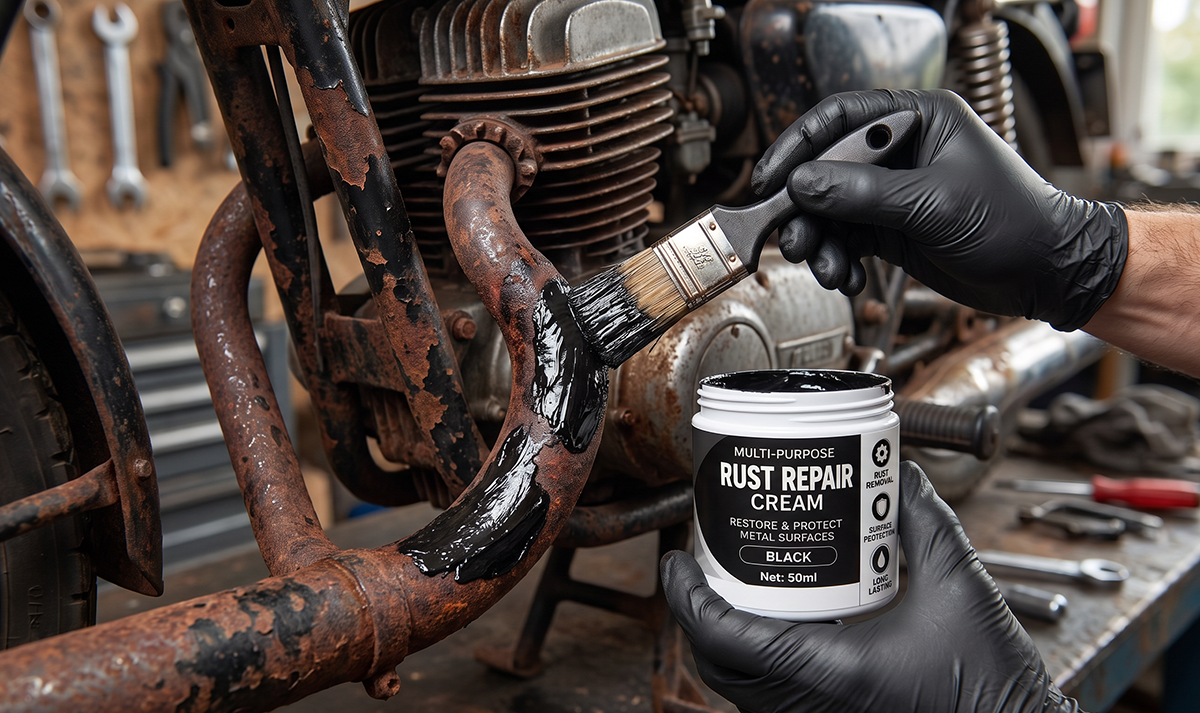 Rust repair cream application on motorcycle metal