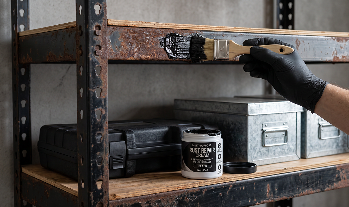 Rust repair cream application on metal shelf