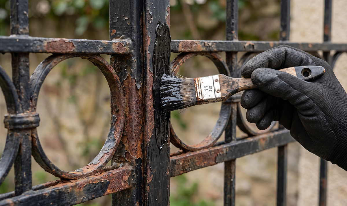 Rust repair cream application on metal gate