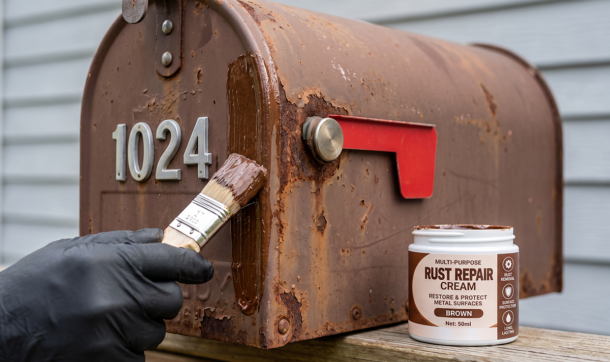 Rust repair cream application on outdoor mailbox