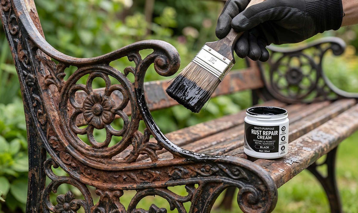 Rust repair cream application on outdoor metal decor