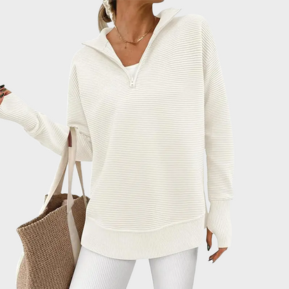 Ribbed Quarter-Zip Thumbhole Knit Pullover