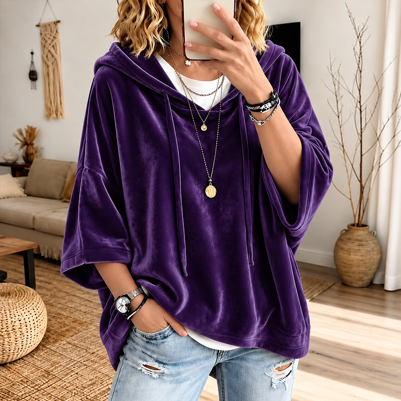 Women's Velour Oversized Hoodie 3/4 Sleeve