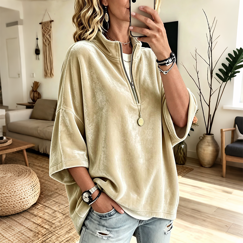 Women's Velvet Oversized Pullover Half Zip 3/4 Sleeve