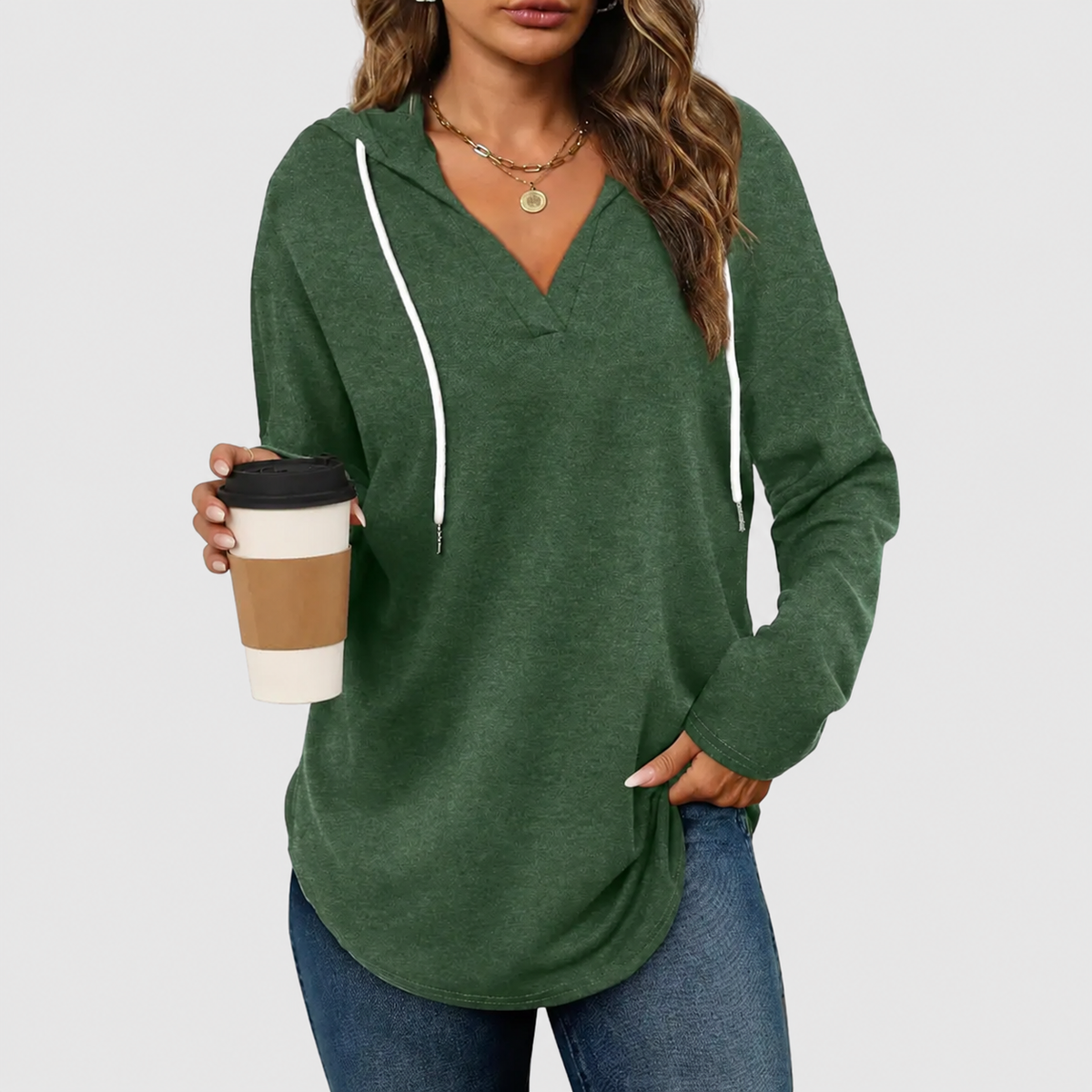 Relaxed V-Neck High-Low Tunic Hoodie