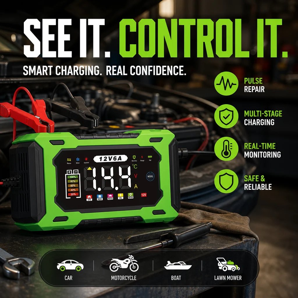 ⏳⏳Time-Limited Special⏰12V 6A Smart Car Battery Charger – Pulse Repair Technology, Auto Maintain & Desulfation