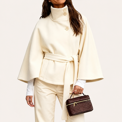 Women's Wool Blend Poncho Coat Oversized Belted Stand Collar Cropped