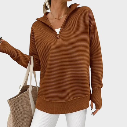 Ribbed Quarter-Zip Thumbhole Knit Pullover