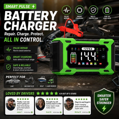 ⏳⏳Time-Limited Special⏰12V 6A Smart Car Battery Charger – Pulse Repair Technology, Auto Maintain & Desulfation