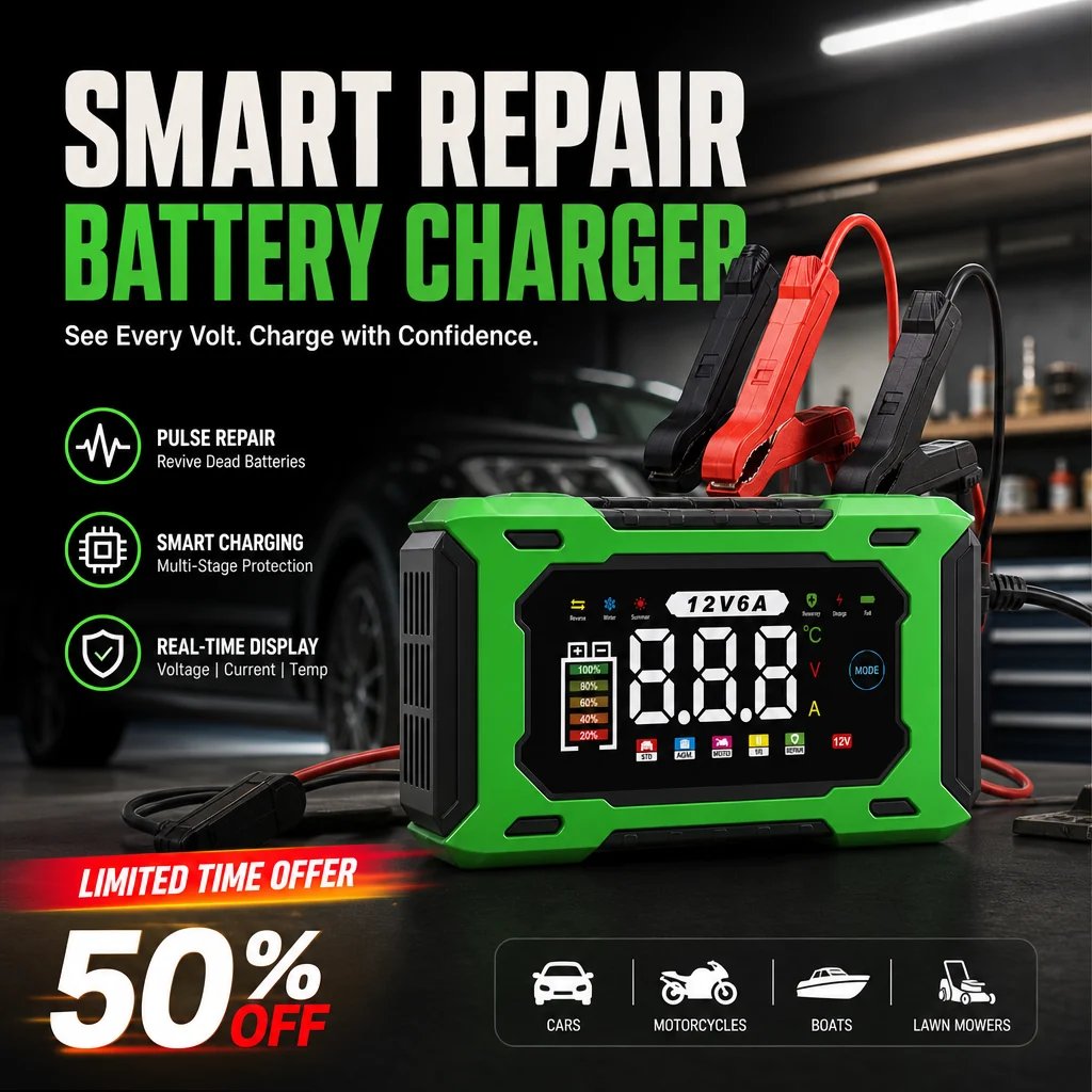 ⏳⏳Time-Limited Special⏰12V 6A Smart Car Battery Charger – Pulse Repair Technology, Auto Maintain & Desulfation