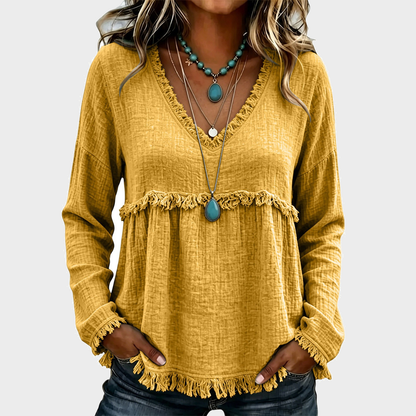 Women’s Boho V Neck Long Sleeve Fringe Top